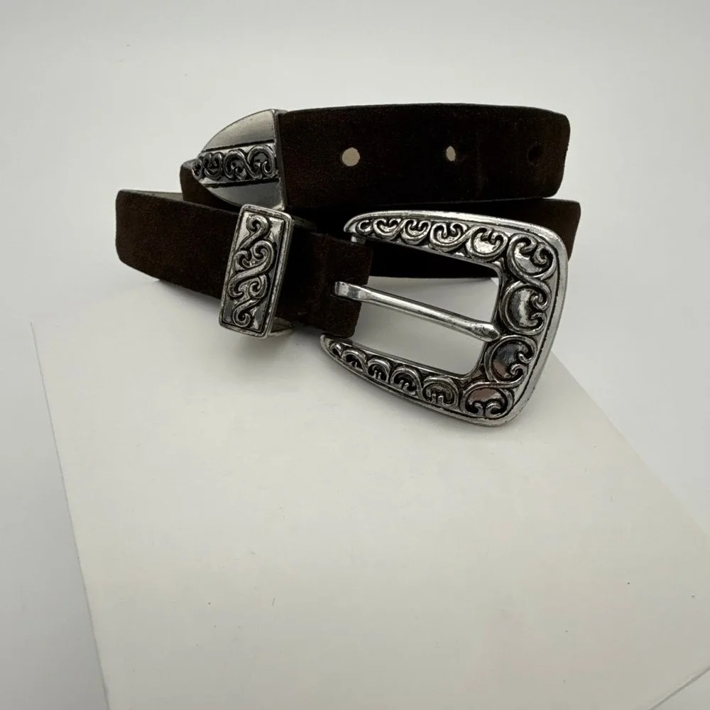 Western Brown Suede Leather Belt Silver Etched Buckle Tip‎ Set Womens ML